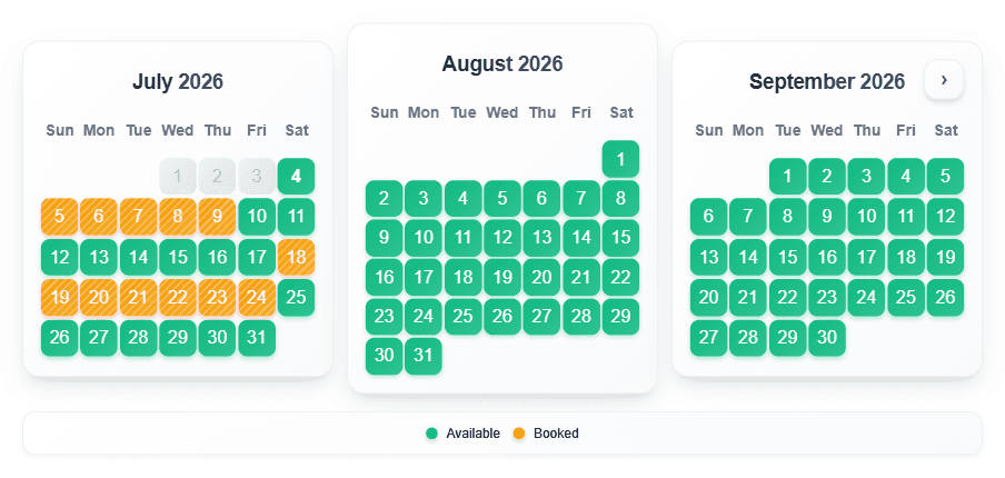 RentalBeam synced availability calendar used as the foundation for direct bookings
